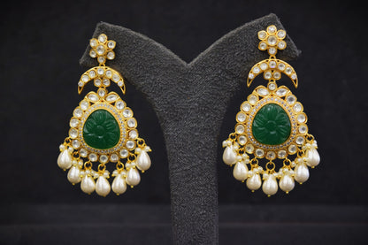 Carved Green Onyx Kundan Necklace  Matt Gold Polish  Green Semi-Precious Beads  22-Inch Adjustable Loops