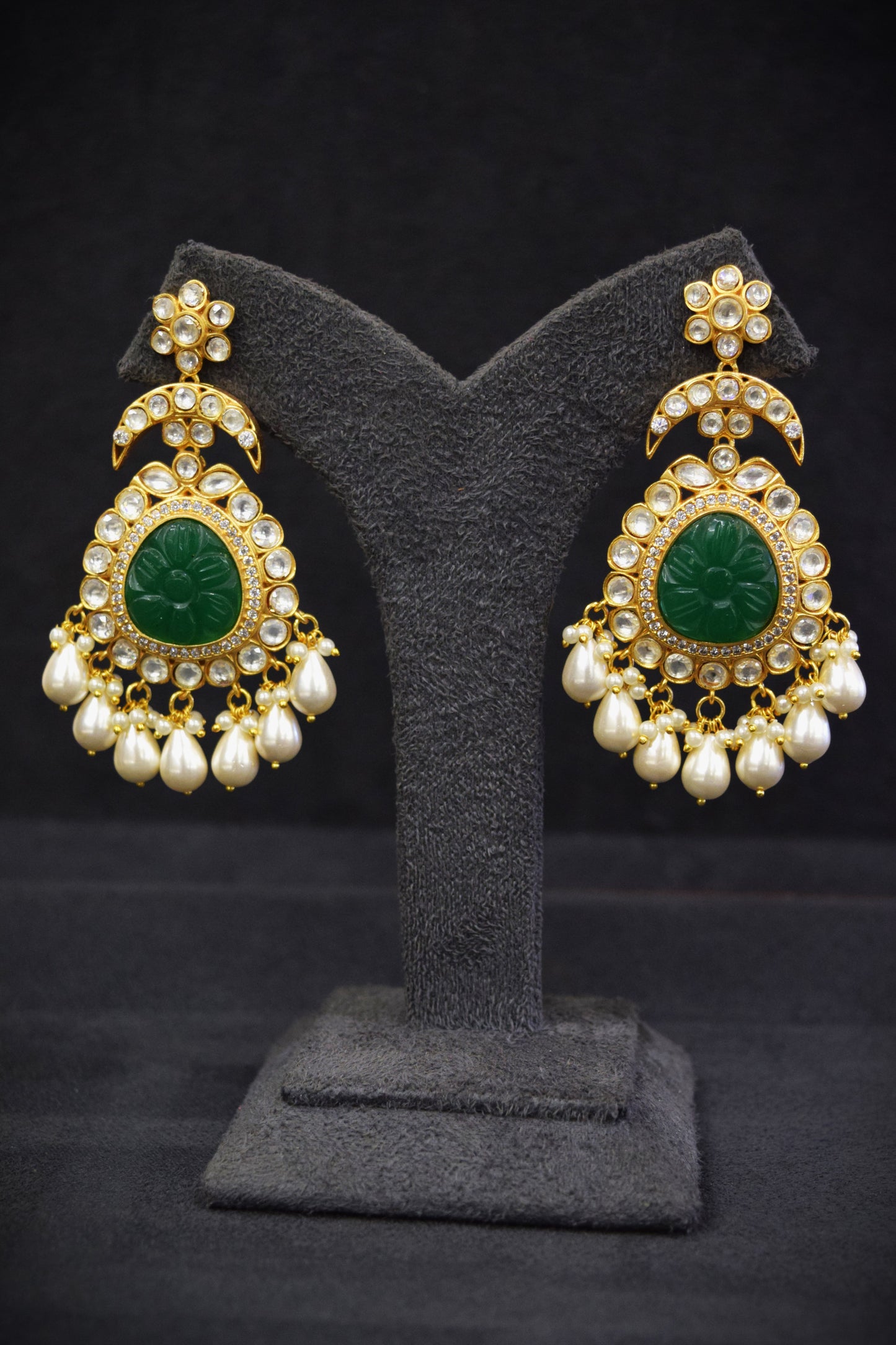 Carved Green Onyx Kundan Necklace  Matt Gold Polish  Green Semi-Precious Beads  22-Inch Adjustable Loops