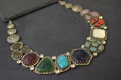 Real Silver Kolhapuri Limboli Beads Necklace  Silver Oxidised Polish  Adjustable Thread  Multi-Colored