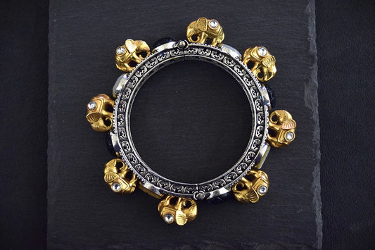 Elephant Bangle with Jadau Kundan, Carved MOP & Blue Stones  Silver Oxidized Polish  Openable  Size 2.6