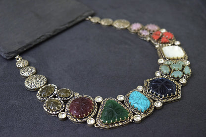 Real Silver Kolhapuri Limboli Beads Necklace Silver Oxidised Polish Adjustable Thread Multi-Colored
