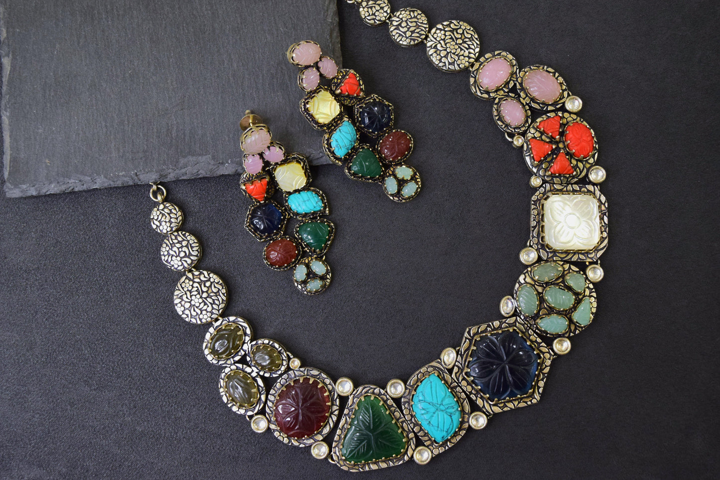 Real Silver Kolhapuri Limboli Beads Necklace  Silver Oxidised Polish  Adjustable Thread  Multi-Colored