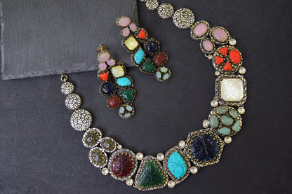 Real Silver Kolhapuri Limboli Beads Necklace  Silver Oxidised Polish  Adjustable Thread  Multi-Colored