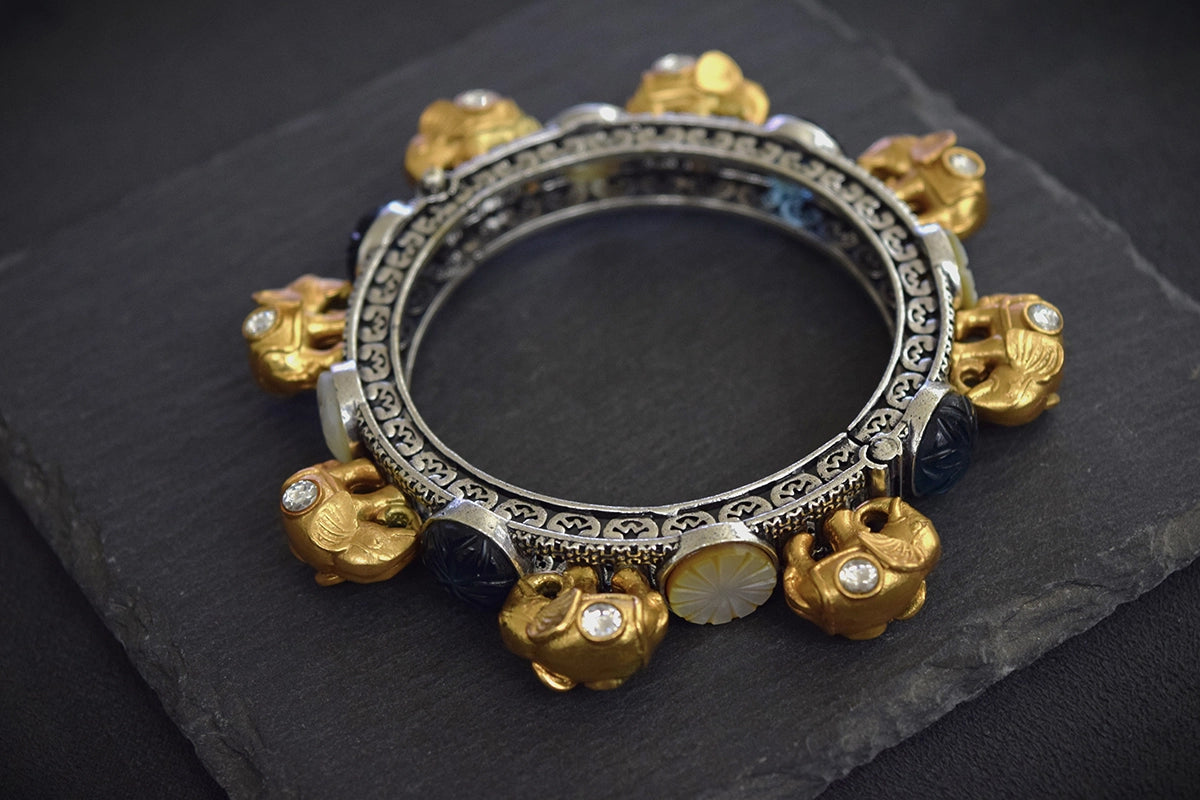 Elephant Bangle with Jadau Kundan, Carved MOP & Blue Stones  Silver Oxidized Polish  Openable  Size 2.6