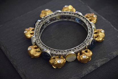 Elephant Bangle with Jadau Kundan, Carved MOP & Blue Stones  Silver Oxidized Polish  Openable  Size 2.6