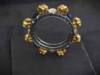 Elephant Bangle with Jadau Kundan, Carved MOP & Blue Stones  Silver Oxidized Polish  Openable  Size 2.6