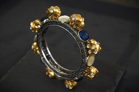 Elephant Bangle with Jadau Kundan, Carved MOP & Blue Stones Silver Oxidized Polish Openable Size 2.6