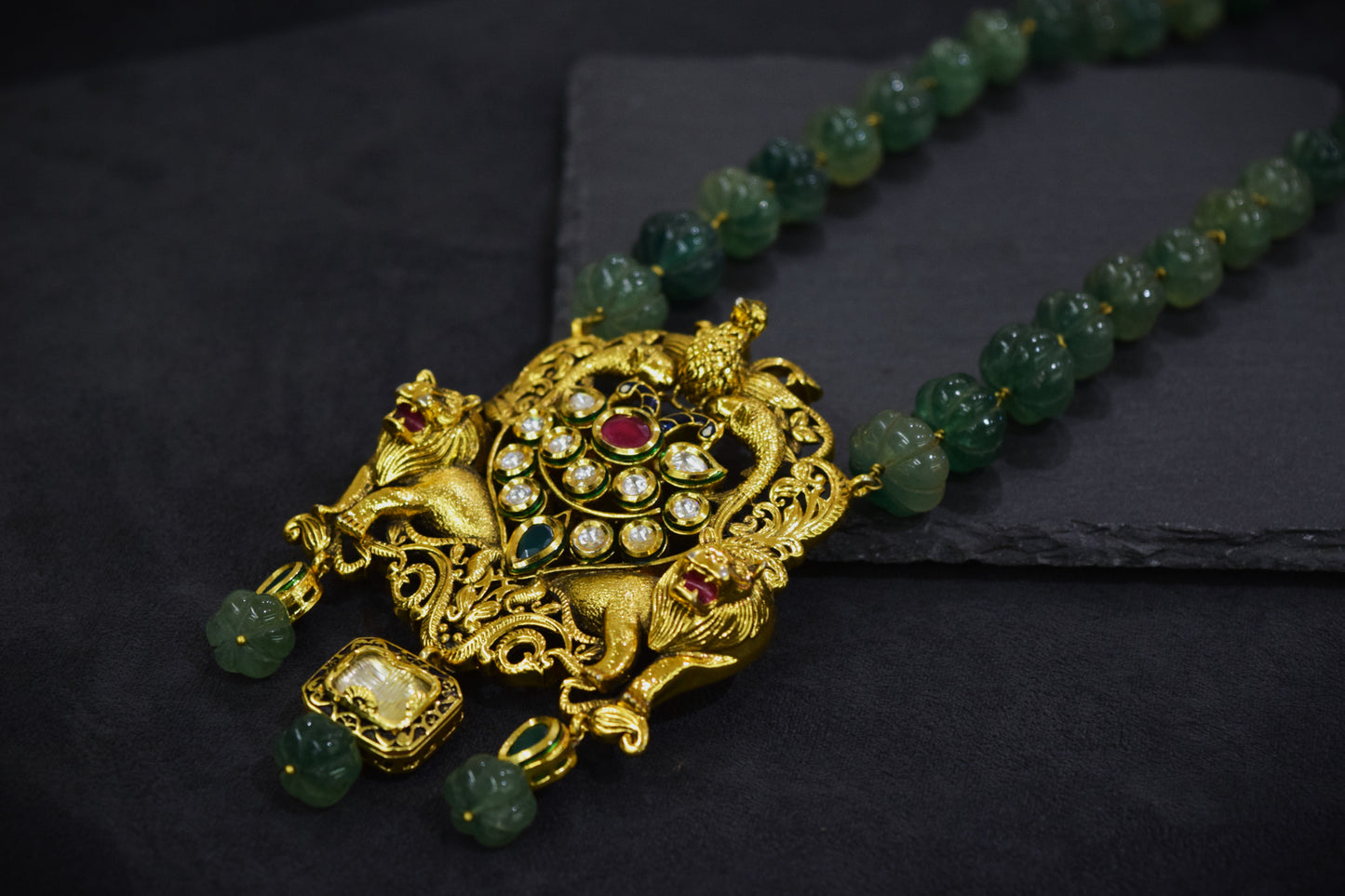 Kundan Jadau Tiger Pendant Necklace  28-Inch Adjustable Thread  Carved Beads  Gold Polish  Traditional Jewellery