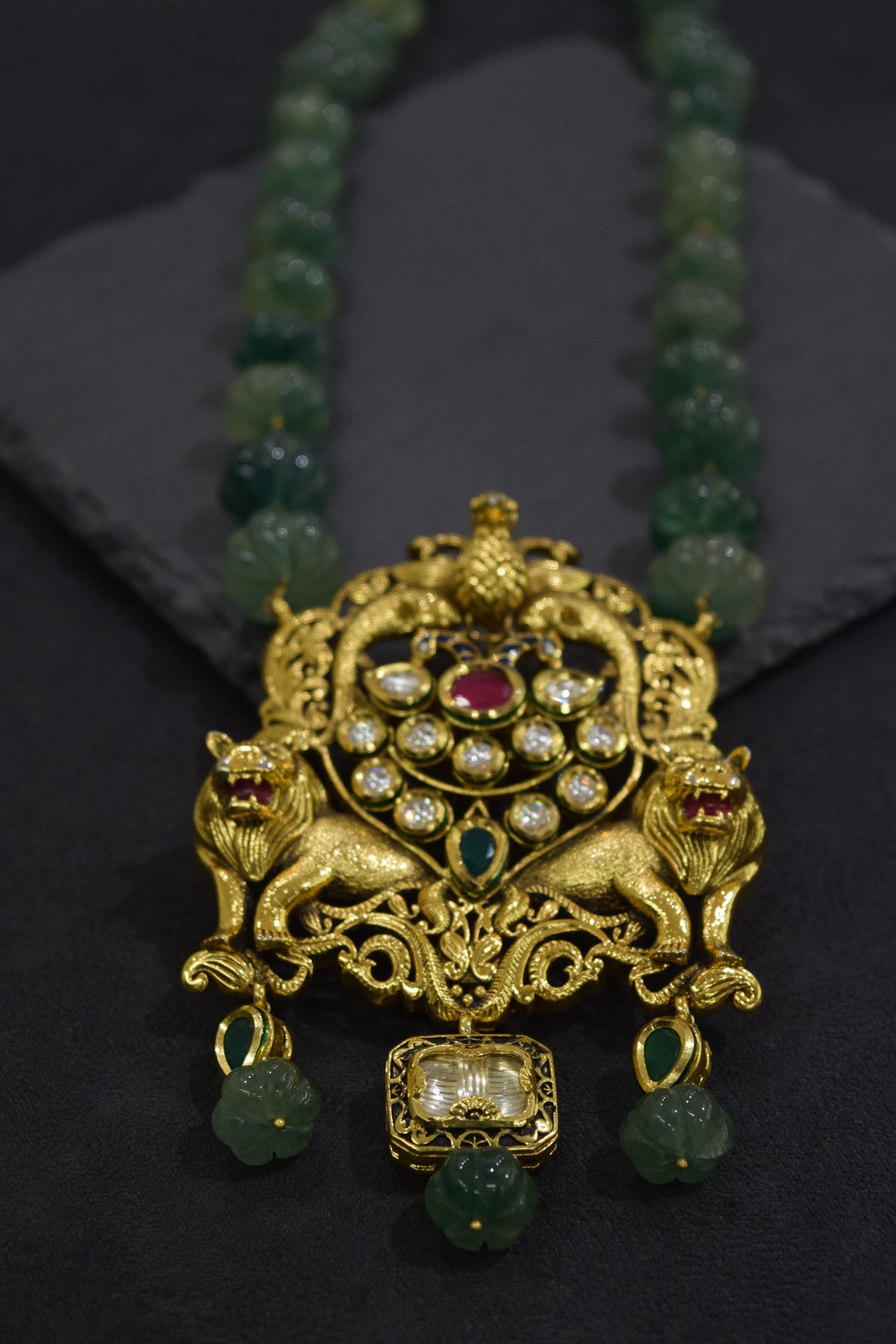 Kundan Jadau Tiger Pendant Necklace  28-Inch Adjustable Thread  Carved Beads  Gold Polish  Traditional Jewellery