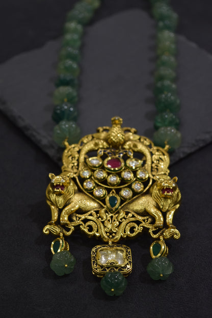 Kundan Jadau Tiger Pendant Necklace  28-Inch Adjustable Thread  Carved Beads  Gold Polish  Traditional Jewellery