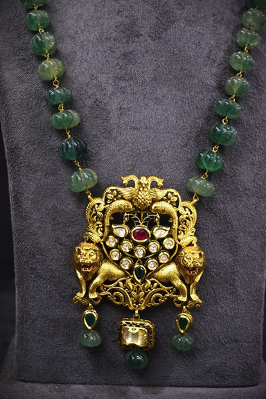 Kundan Jadau Tiger Pendant Necklace 28-Inch Adjustable Thread Carved Beads Gold Polish Traditional Jewellery