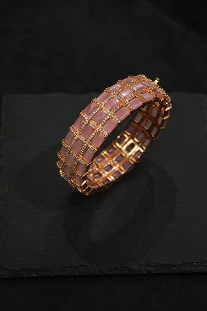 Single Pastel Pink Stone Kada with Cubic Zirconia  Antique Rosegold Polish  Openable  Size 2.4