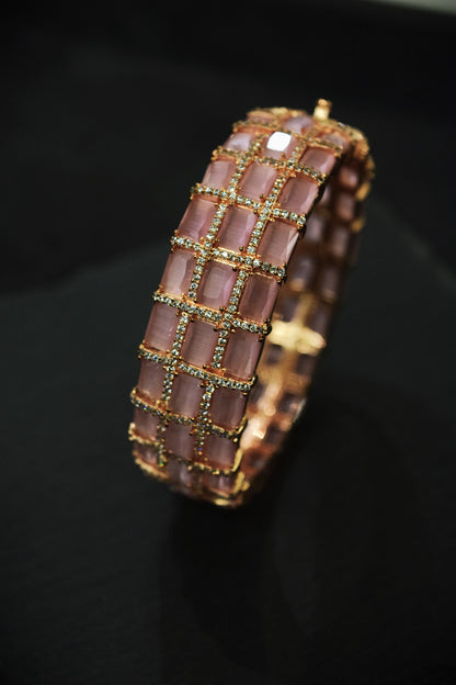 Single Pastel Pink Stone Kada with Cubic Zirconia  Antique Rosegold Polish  Openable  Size 2.4