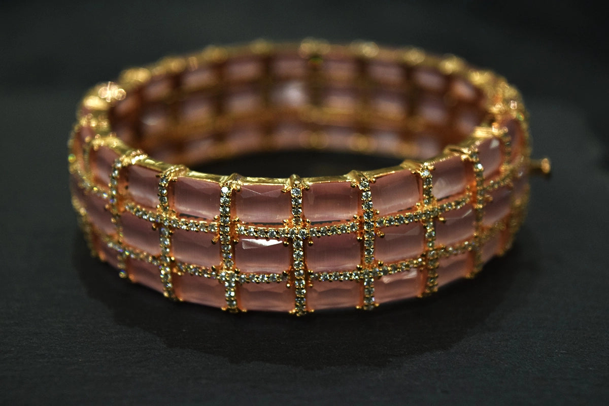 Single Pastel Pink Stone Kada with Cubic Zirconia  Antique Rosegold Polish  Openable  Size 2.4