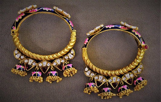 Jadau Kundan Bangles with Blue Enamel & Hanging Jhumkas Gold Polish Openable Size 2.4