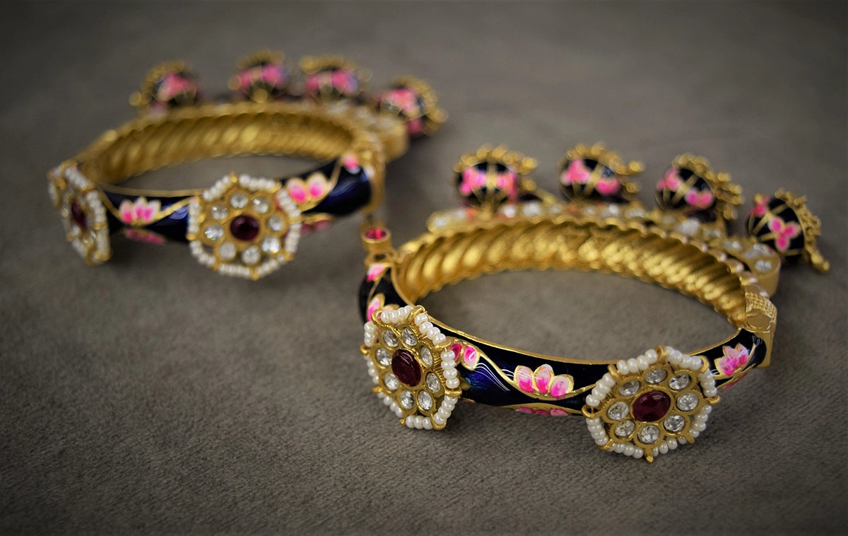 Jadau Kundan Bangles with Blue Enamel & Hanging Jhumkas  Gold Polish  Openable  Size 2.4