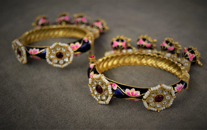 Jadau Kundan Bangles with Blue Enamel & Hanging Jhumkas  Gold Polish  Openable  Size 2.4
