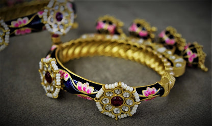 Jadau Kundan Bangles with Blue Enamel & Hanging Jhumkas  Gold Polish  Openable  Size 2.4