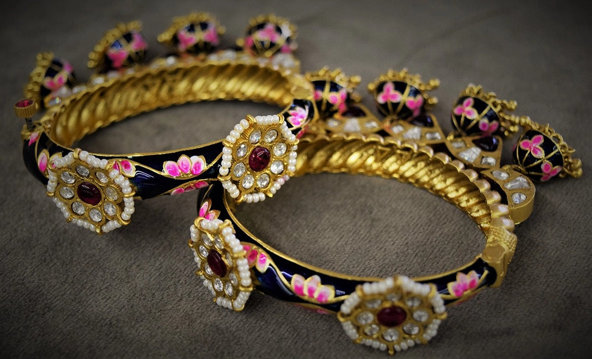 Jadau Kundan Bangles with Blue Enamel & Hanging Jhumkas  Gold Polish  Openable  Size 2.4