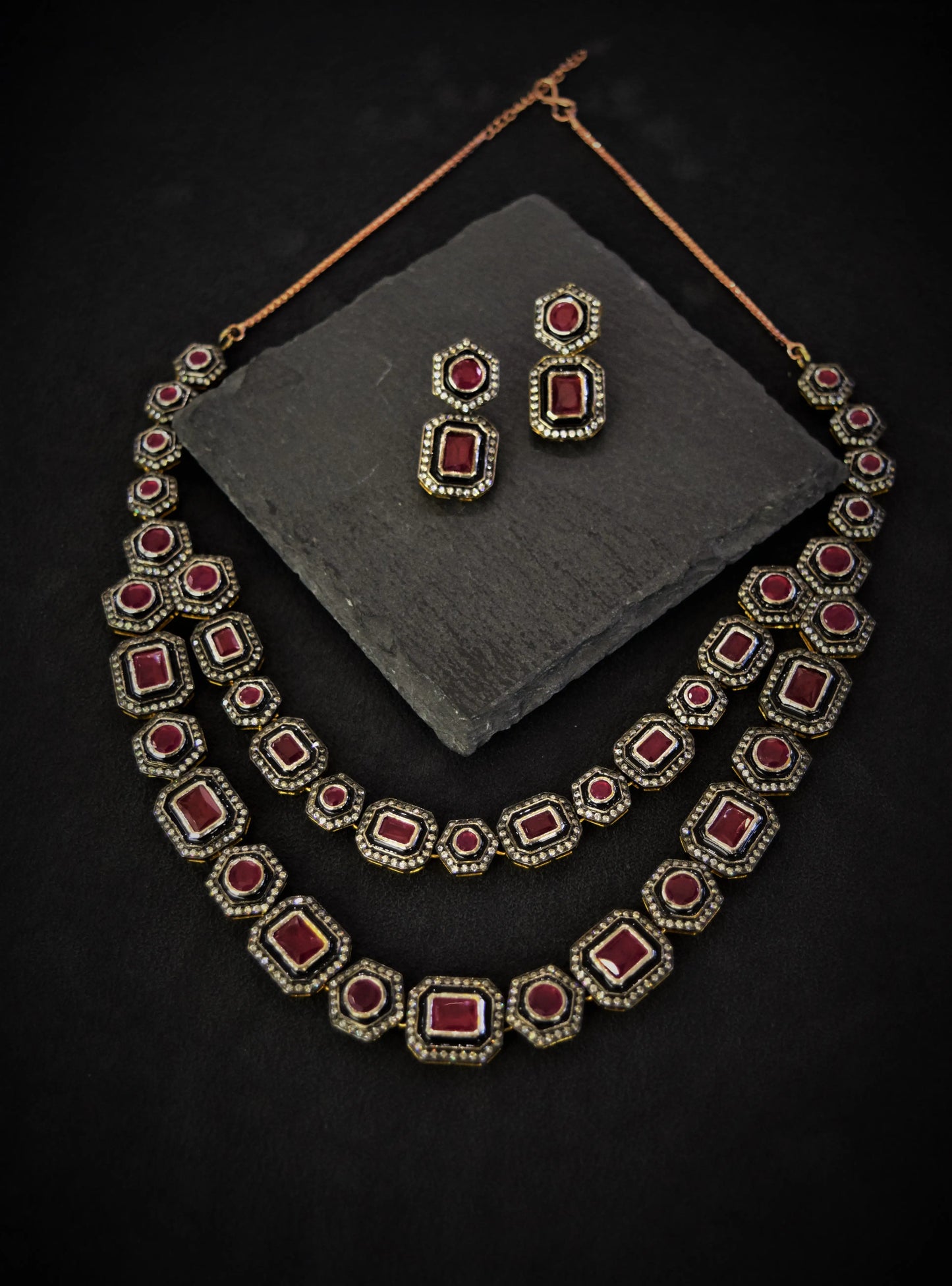 Afghani Necklace with Ruby Finish Stones  Black Rhodium Polish  18-Inch Adjustable Chain  Wedding Jewellery