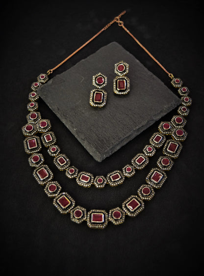 Afghani Necklace with Ruby Finish Stones  Black Rhodium Polish  18-Inch Adjustable Chain  Wedding Jewellery