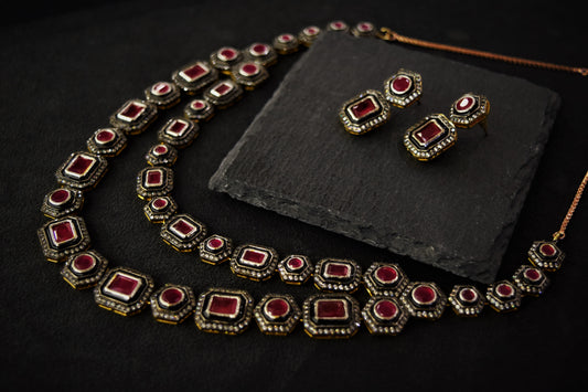 Afghani Necklace with Ruby Finish Stones  Black Rhodium Polish  18-Inch Adjustable Chain  Wedding Jewellery