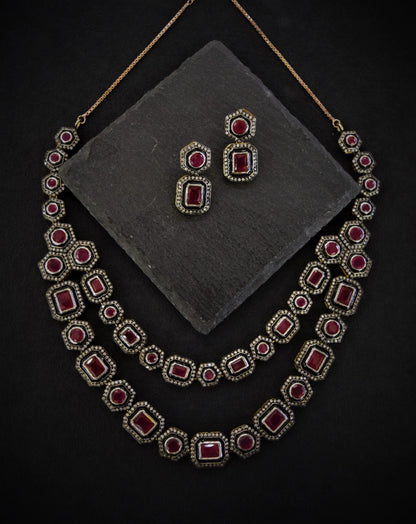 Afghani Necklace with Ruby Finish Stones  Black Rhodium Polish  18-Inch Adjustable Chain  Wedding Jewellery