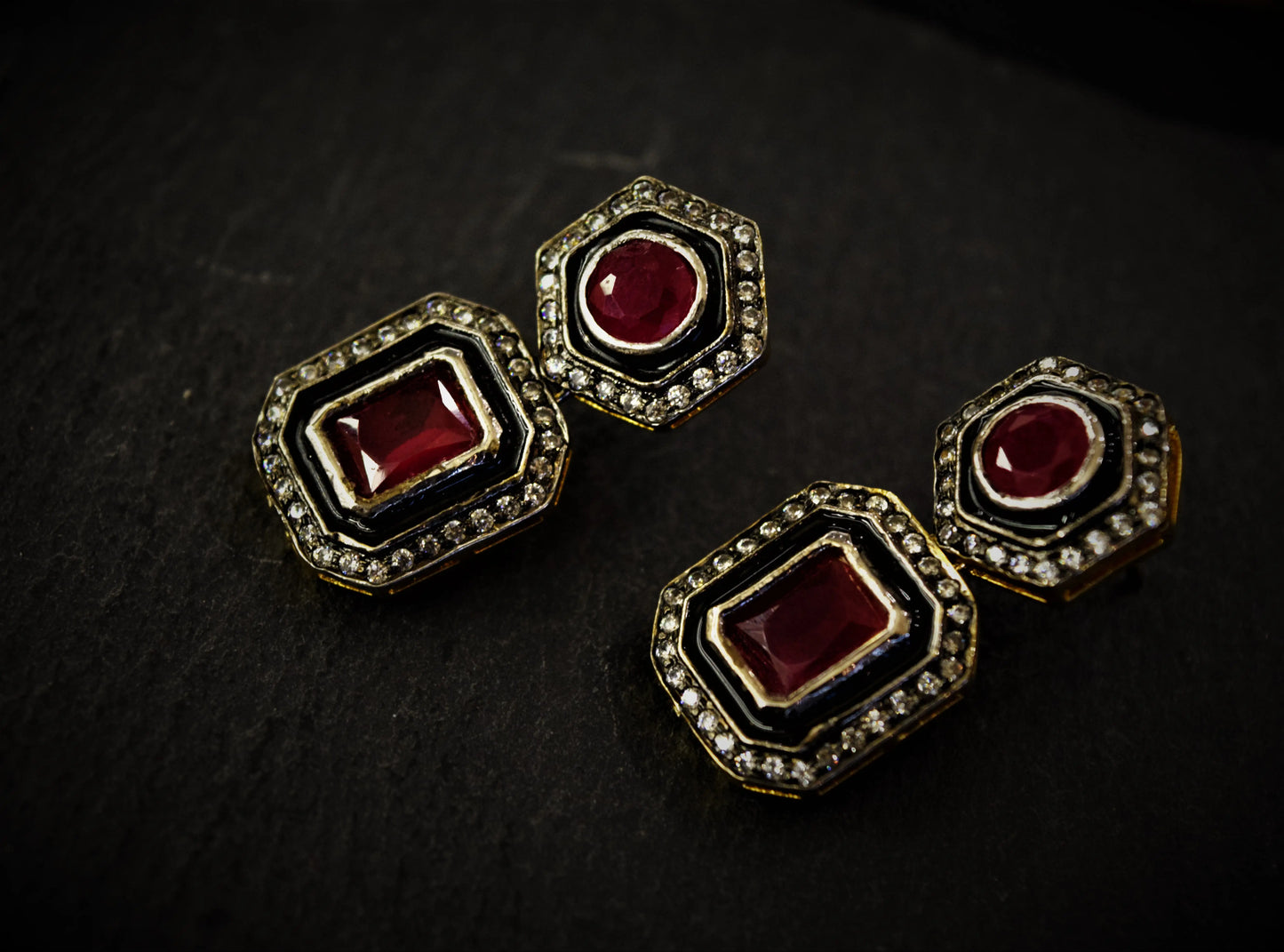 Afghani Necklace with Ruby Finish Stones  Black Rhodium Polish  18-Inch Adjustable Chain  Wedding Jewellery