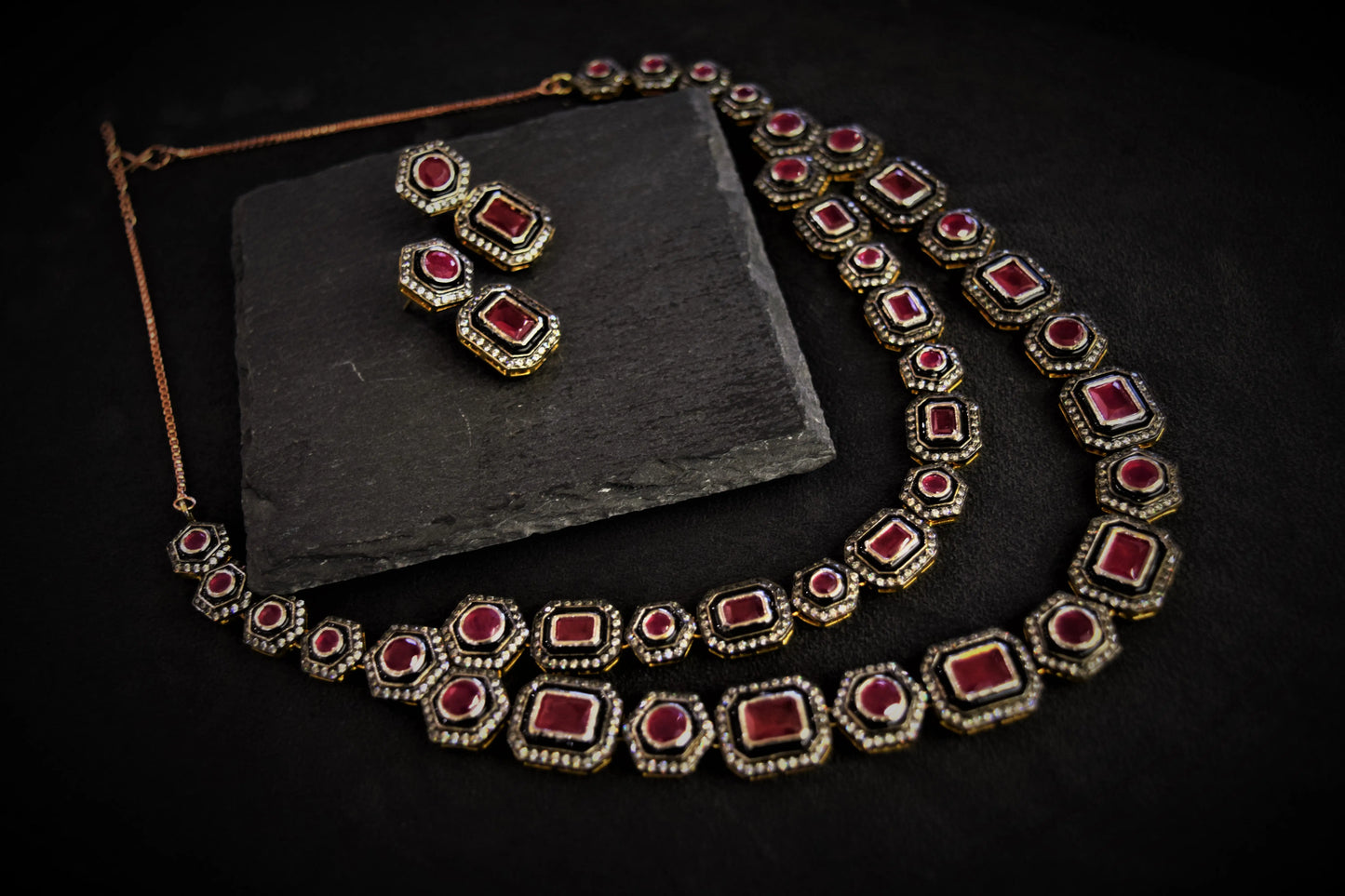 Afghani Necklace with Ruby Finish Stones  Black Rhodium Polish  18-Inch Adjustable Chain  Wedding Jewellery