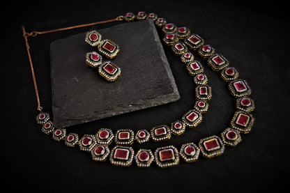 Afghani Necklace with Ruby Finish Stones  Black Rhodium Polish  18-Inch Adjustable Chain  Wedding Jewellery