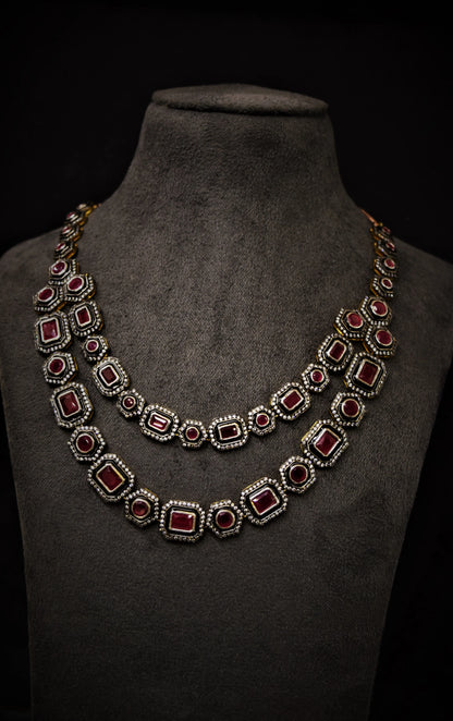 Afghani Necklace with Ruby Finish Stones  Black Rhodium Polish  18-Inch Adjustable Chain  Wedding Jewellery