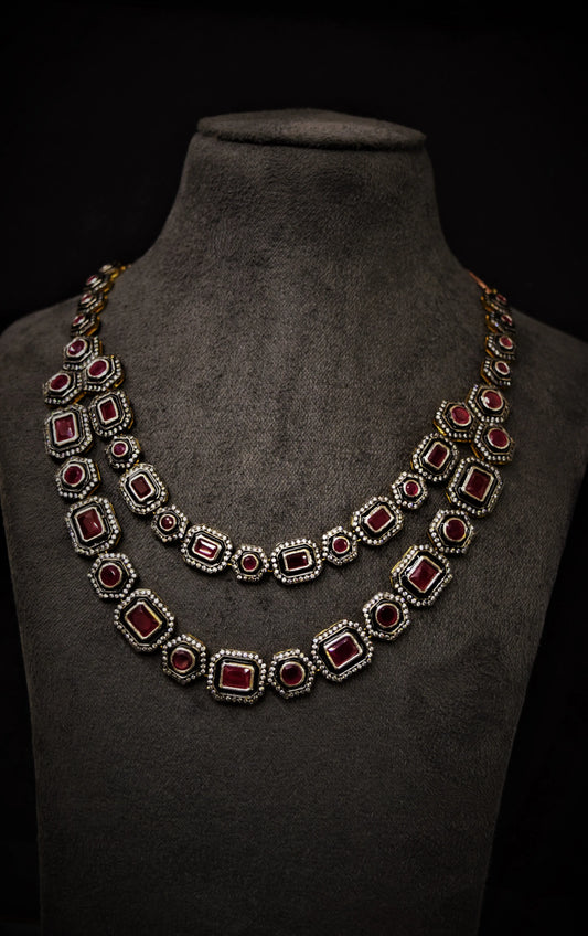 Afghani Necklace with Ruby Finish Stones  Black Rhodium Polish  18-Inch Adjustable Chain  Wedding Jewellery