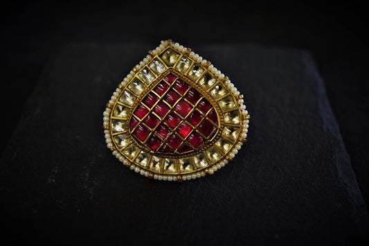 Kundan Ring with Pink Stones & White Moti Border  Gold Finish  Adjustable Size