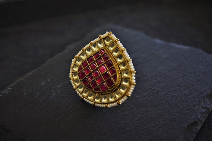 Kundan Ring with Pink Stones & White Moti Border  Gold Finish  Adjustable Size