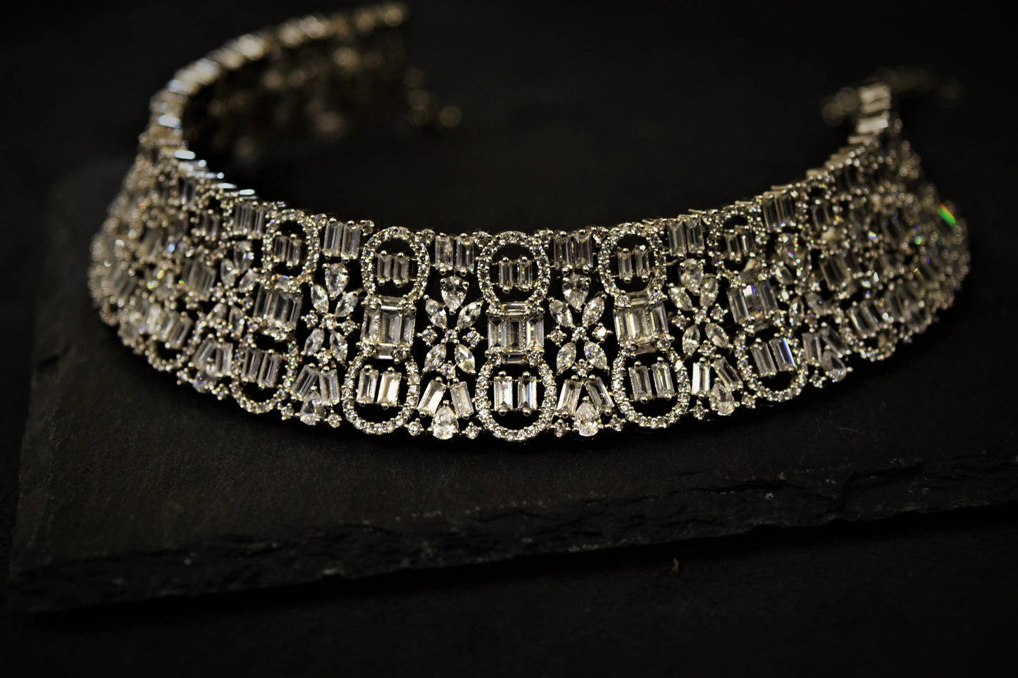 Mini Diamond Choker Necklace  White Rhodium Polish  Adjustable Links  Elegant Jewellery for All Occasions