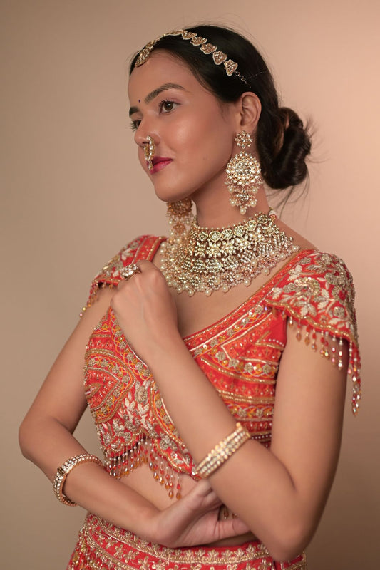 Kundan Choker Necklace with White Stone Accents & Beads Gold Polish Adjustable Thread