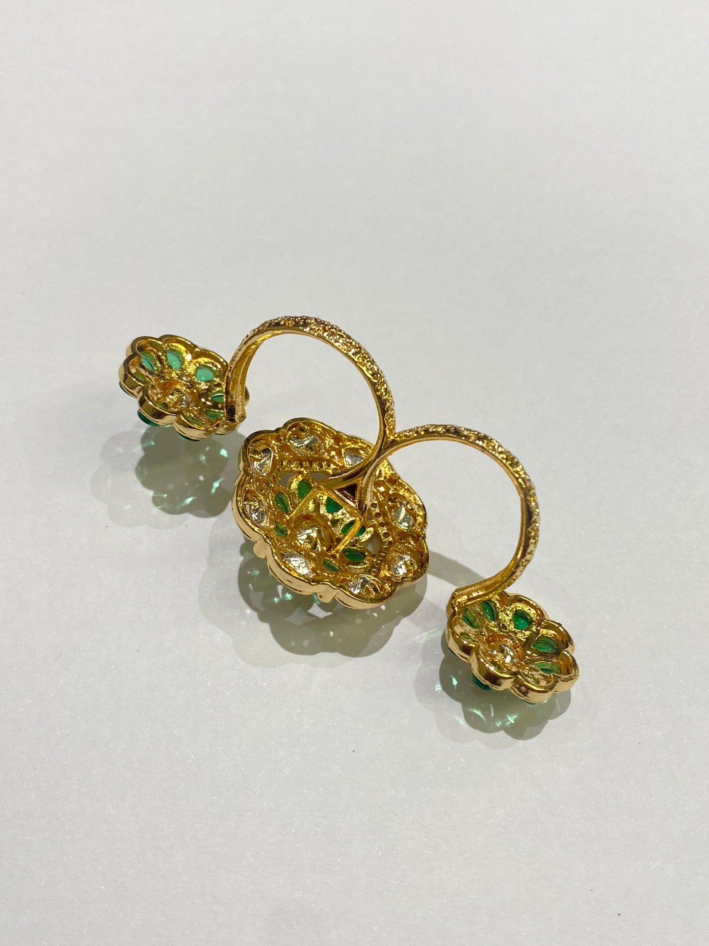 Double Finger Kundan Ring with Green & Pink Stones  Gold Finish  Adjustable Size