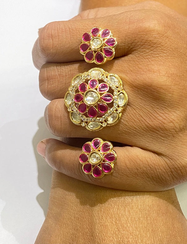 Double Finger Kundan Ring with White Enamel & Sea Green Stone Gold Finish Adjustable Size