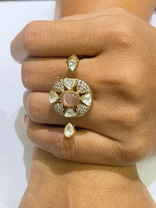 Double Finger Kundan Ring with Pastel Green & Pink Stones Matte Gold Finish Adjustable Size