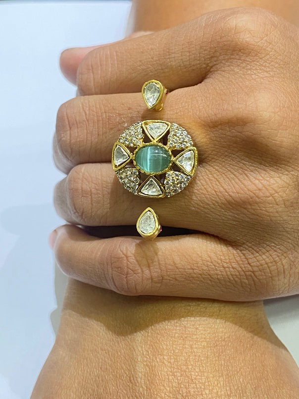 Double Finger Kundan Ring with Pastel Green & Pink Stones  Matte Gold Finish  Adjustable Size