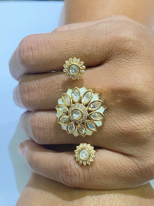 Kundan Ring with White Enamel Gold Finish Adjustable Size