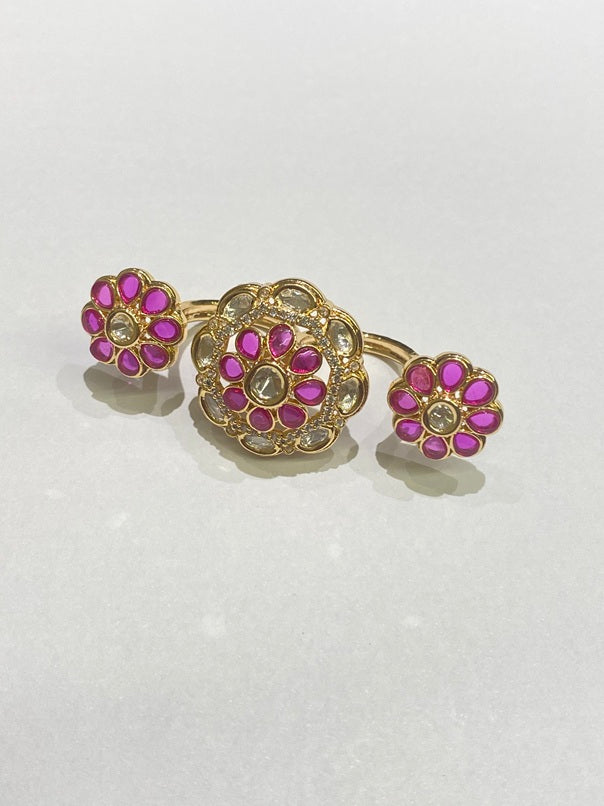 Double Finger Kundan Ring with Green & Pink Stones  Gold Finish  Adjustable Size