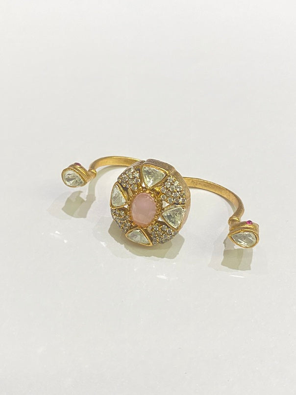 Double Finger Kundan Ring with Pastel Green & Pink Stones  Matte Gold Finish  Adjustable Size