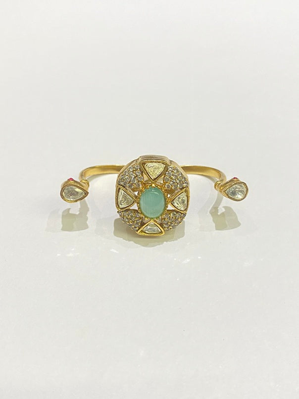 Double Finger Kundan Ring with Pastel Green & Pink Stones  Matte Gold Finish  Adjustable Size