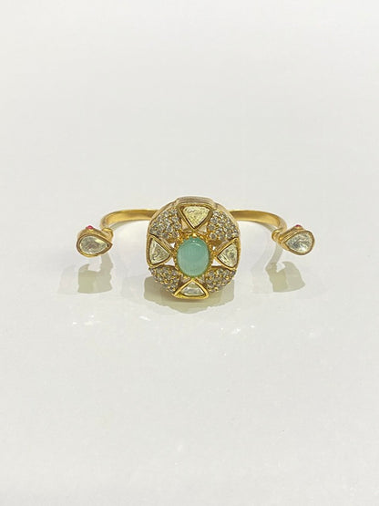 Double Finger Kundan Ring with Pastel Green & Pink Stones  Matte Gold Finish  Adjustable Size