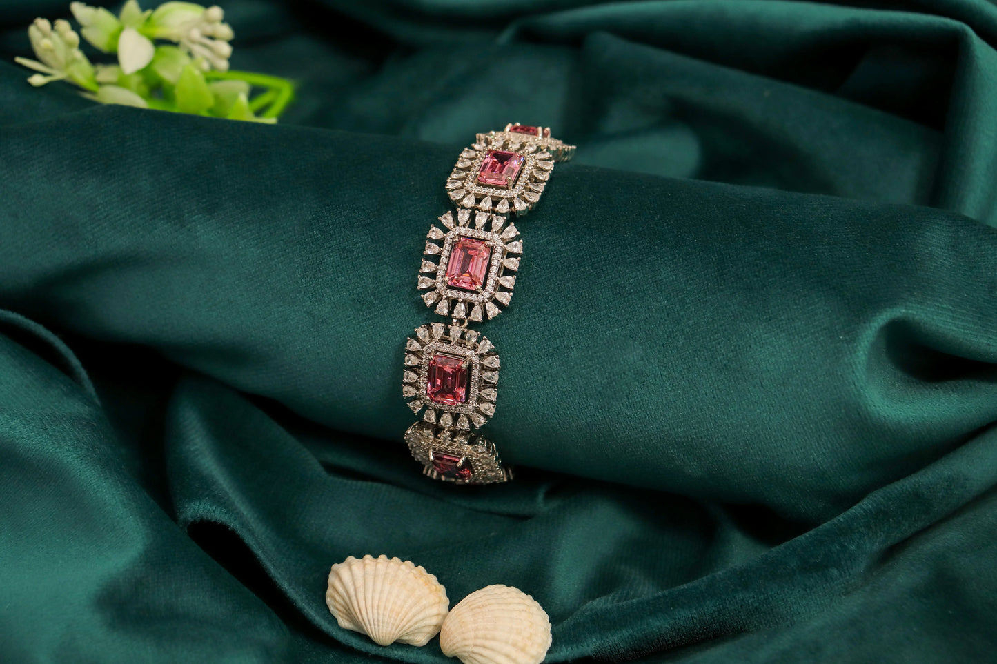 Rubilite-Coloured Pink Stone with White Cubic Zirconia White Rhodium Polish 7-Inch Elegant Jewellery