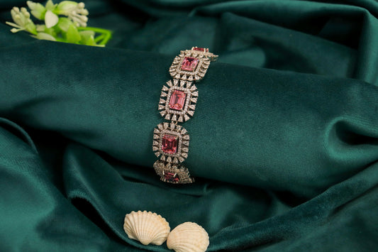 Rubilite-Coloured Pink Stone with White Cubic Zirconia White Rhodium Polish 7-Inch Elegant Jewellery