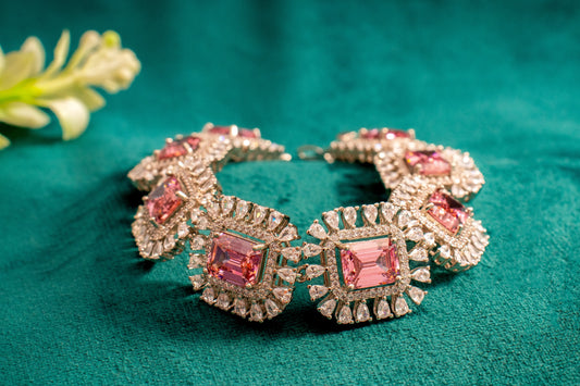 Rubilite-Coloured Pink Stone with White Cubic Zirconia White Rhodium Polish 7-Inch Elegant Jewellery