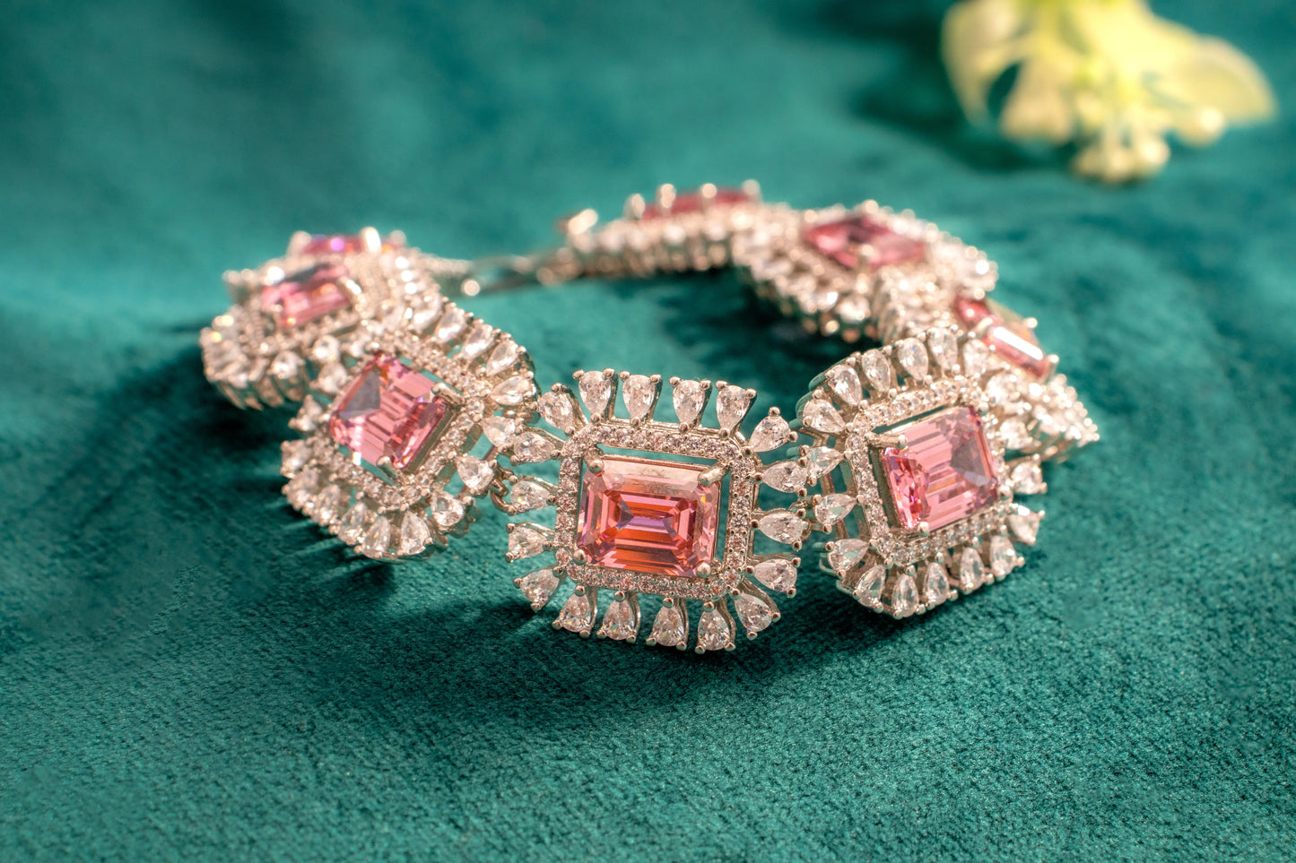 Rubilite-Coloured Pink Stone with White Cubic Zirconia  White Rhodium Polish  7-Inch Elegant Jewellery