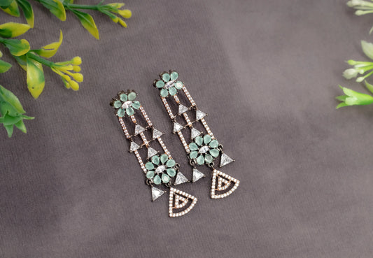 American Diamond Choker with Mint Green Stone  Black Rhodium Polish  14-Inch Adjustable Thread